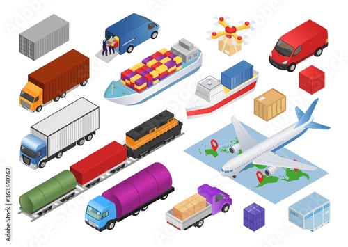 Logistics isometric set with transport cargo delivery 3d icons isolated vector illustrations. Transportation collection of truck, cars, airplane, business vehicles and train, bus, transporters.