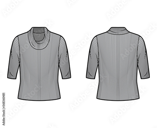 Ribbed cowl turtleneck knit sweater technical fashion illustration with elbow sleeves, oversized body. Flat sweater apparel template front, back grey color. Women, men unisex shirt top CAD mockup