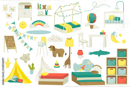 Kids furniture for baby room or playroom design, set of vector illustration. Nursery interior with toys, kids bed, table, chairs and lamps, decorations. Indoor household furniture for children.