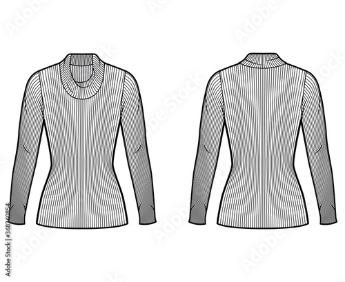 Ribbed cowl turtleneck knit sweater technical fashion illustration with long sleeves, close-fitting shape tunic length. Flat sweater apparel template front back white color. Women men unisex shirt top