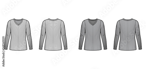 Ribbed V-neck knit sweater technical fashion illustration with long sleeves, oversized body, tunic length. Flat outwear apparel template front back white grey color. Women men unisex shirt top CAD