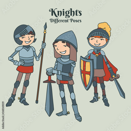 Hand drawn knights collection in different poses