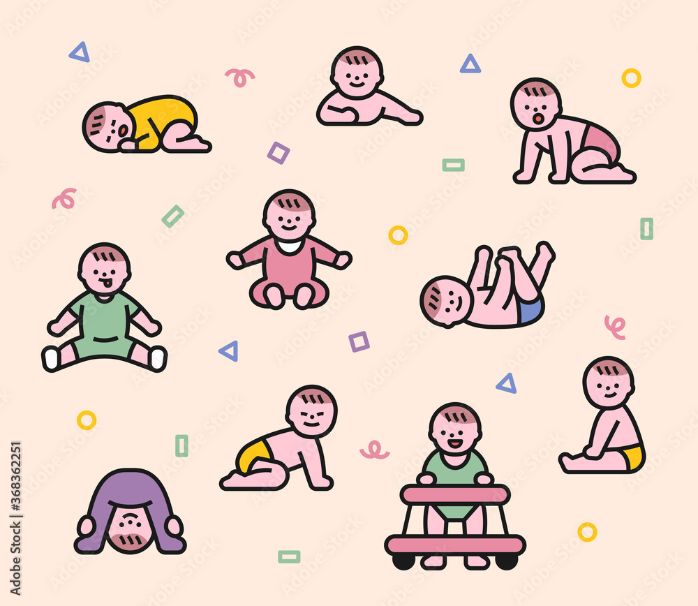 Newborn baby character in various poses. flat design style minimal vector illustration. Newborn baby character in various poses. flat design style minimal vector illustration.