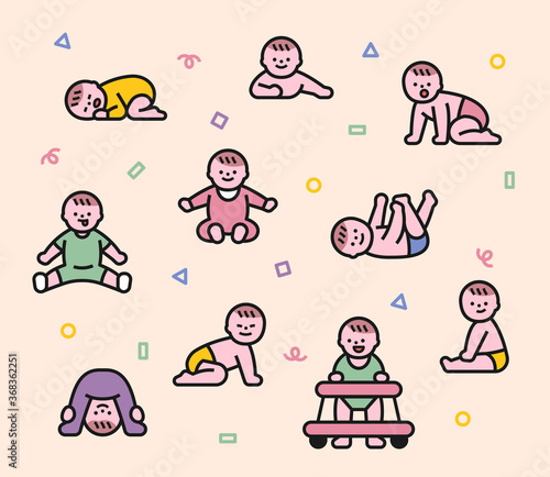 Newborn baby character in various poses. flat design style minimal vector illustration.