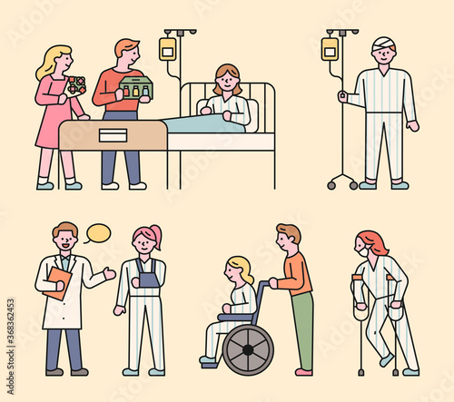 Hospital patients, friends and doctor characters. flat design style minimal vector illustration.