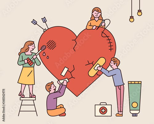 Many people heal massive heart wounds together. flat design style minimal vector illustration.