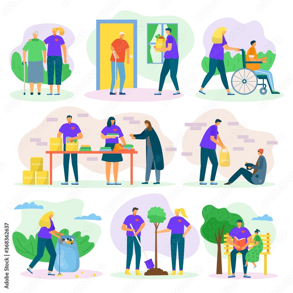 Volunteers help and charity set with people care, helping seniours, invalids and poor, social support flat isolated vector illustrations set. Volunteering in community, donation and voluntary.
