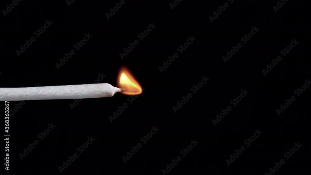 Close up of lighting up the tip of a medical marijuana joint on black background shot in 4k super slow motion Close up of lighting up the tip of a medical marijuana joint on black background shot in 4k super slow motion
