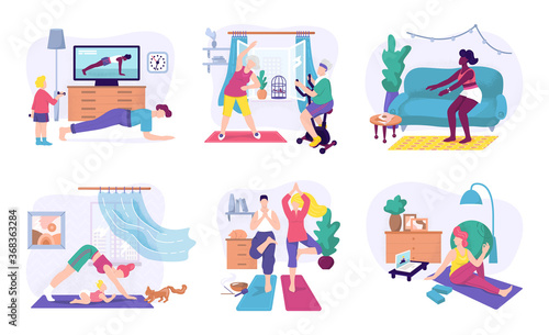 Sport exercises at home, isolated vector illustration set. Male and female character exercising fitness workout and yoga at home. Sport healthy lifestyle, activity concept with fit exerciser training.