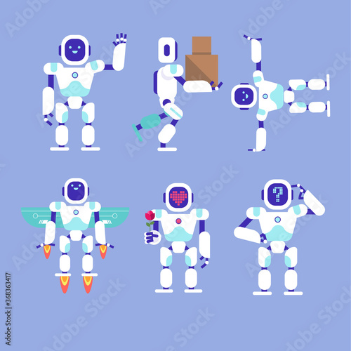 Flat robot character with different poses collection