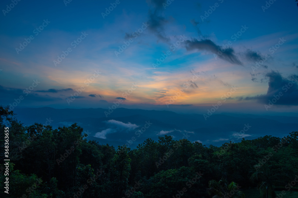 Beautiful mountain view with fog, sunrise scene, Doi Samer Dao mountain in Nan province, Thailand