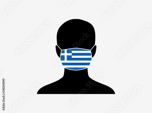 A silhouette of a person wearing a mask with the flag of Greece on it. Vector illustration.