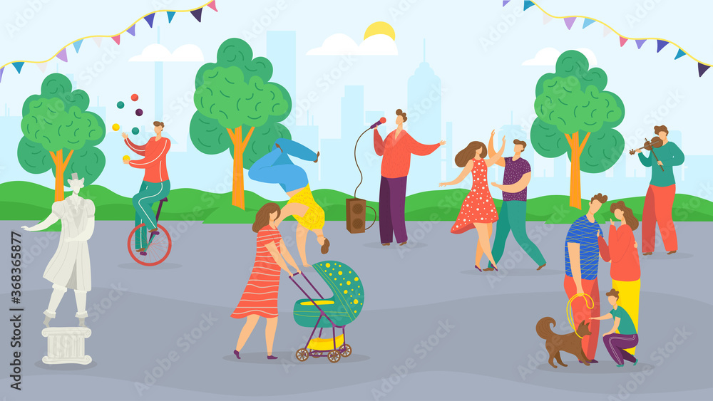 City street festival, summer fest, park fair for family with musicians, clowns and decoration, happy people crowd walking, dancing vector illustration. Festive city with carnival show.