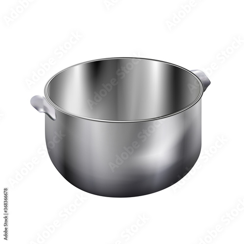 Realistic empty metal pan isolated on white background. 3d stainless non-stick pot with handles. Kitchen utensil icon. Element for culinary theme design. Vector illustration