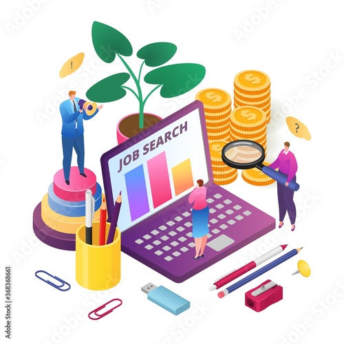 Job search, best candidate for career, recruitment process, hr managers searching new employee, isometric vector illustration. Human resource management, recuiting and hiring for job.