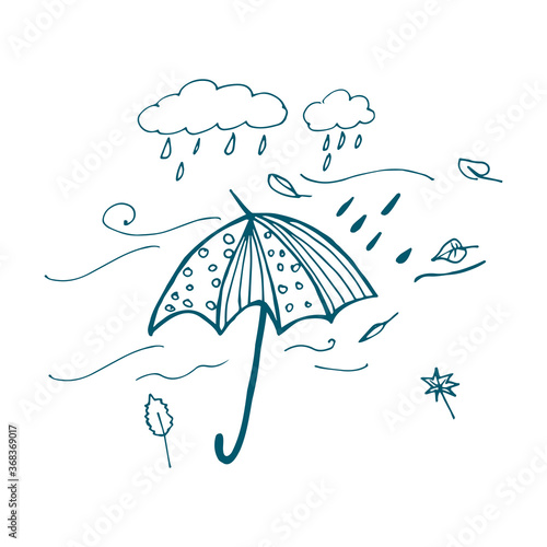 Hand-drawn rainy autumn weather with umbrella.