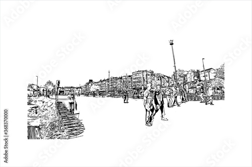 Building view with landmark of Aksaray is a city in the Central Anatolia region of Turkey. Hand drawn sketch illustration in vector.