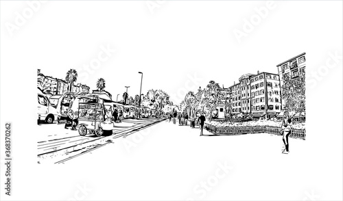 Building view with landmark of Aksaray is a city in the Central Anatolia region of Turkey. Hand drawn sketch illustration in vector.