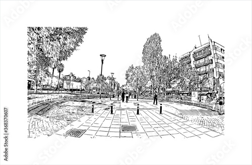 Building view with landmark of Aksaray is a city in the Central Anatolia region of Turkey. Hand drawn sketch illustration in vector.
