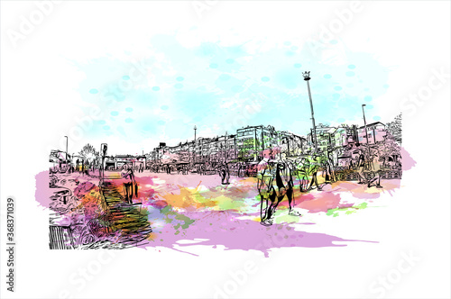 Building view with landmark of Aksaray is a city in the Central Anatolia region of Turkey. Watercolor splash with hand drawn sketch illustration in vector.