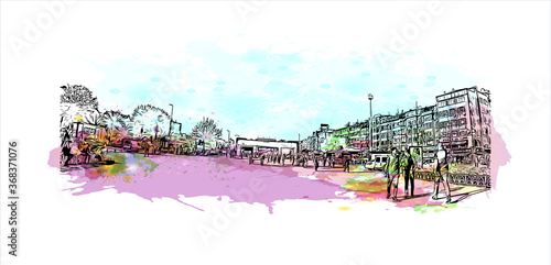 Building view with landmark of Aksaray is a city in the Central Anatolia region of Turkey. Watercolor splash with hand drawn sketch illustration in vector.