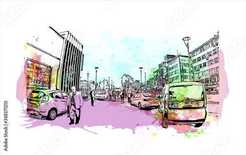 Building view with landmark of Aksaray is a city in the Central Anatolia region of Turkey. Watercolor splash with hand drawn sketch illustration in vector.