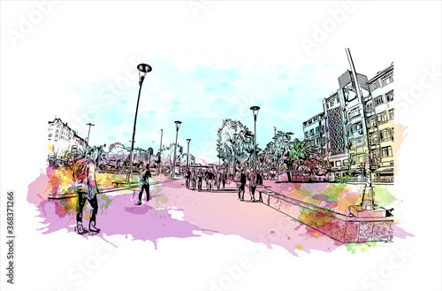 Building view with landmark of Aksaray is a city in the Central Anatolia region of Turkey. Watercolor splash with hand drawn sketch illustration in vector.