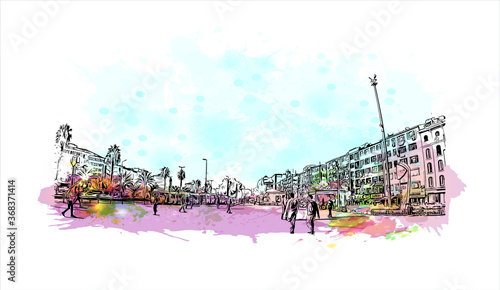 Building view with landmark of Aksaray is a city in the Central Anatolia region of Turkey. Watercolor splash with hand drawn sketch illustration in vector.