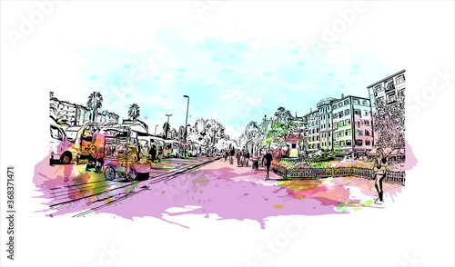 Building view with landmark of Aksaray is a city in the Central Anatolia region of Turkey. Watercolor splash with hand drawn sketch illustration in vector.