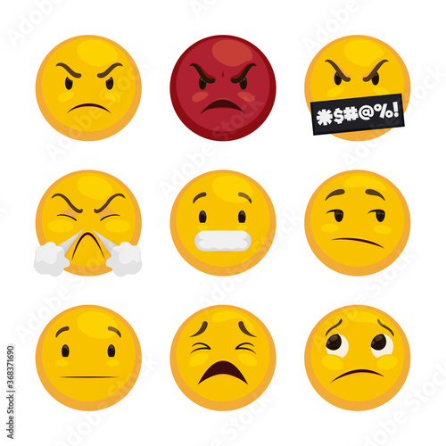Emoji Set to Express Exasperation, Anger and Intense Fury, Vector Illustration