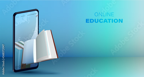 Online reading concept, smartphone with books inside. The book flies out of the phone screen. Distance learning and education. Isolated vector on white background photo