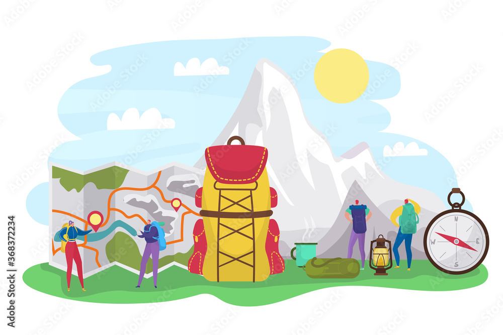 Summer hiking, tourists tiny people with backpacks and travel vacation in mountains, expedition and hiking equipment flat vector illustration. Huge backpack, compass and camp in mountains adventure. Summer hiking, tourists tiny people with backpacks and travel vacation in mountains, expedition and hiking equipment flat vector illustration. Huge backpack, compass and camp in mountains adventure.