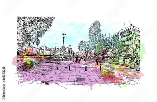 Building view with landmark of Aksaray is a city in the Central Anatolia region of Turkey. Watercolor splash with hand drawn sketch illustration in vector.