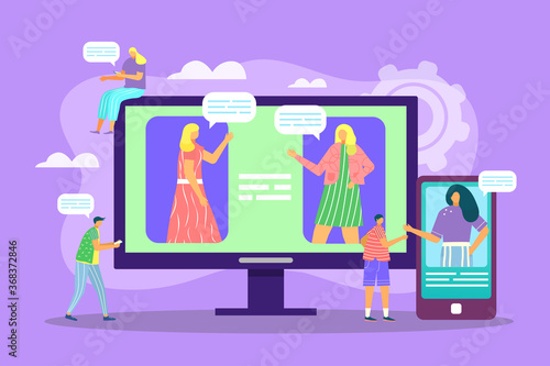Videochat concept, video communication via internet with friends during corona virus flat vector illustration. Covid19. Stay home, stay safe. Keep in touch. Online chat connection, relationship.