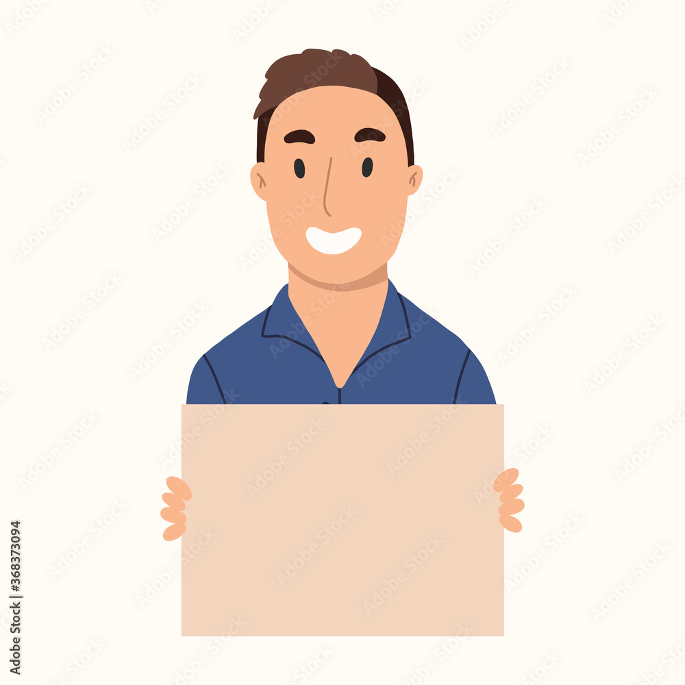 Yong man holding clean placards.Brown hair.Bundle of male cartoon characters demonstrating empty banners.Vector hand drawn illustation. Yong man holding clean placards.Brown hair.Bundle of male cartoon characters demonstrating empty banners.Vector hand drawn illustation.