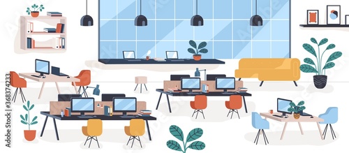 Modern mid century office, open space. Comfy houseplant, chair, desktops. Comfortable coworking place or workplace, stylish furniture, interior decoration, design. Flat cartoon vector illustration