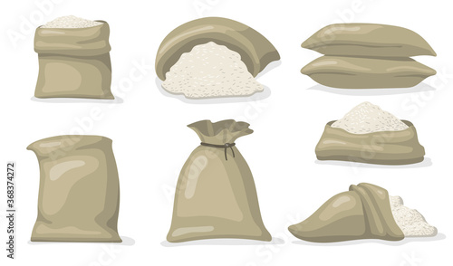 Various sacks of white rice flat icon set. Cartoon large bags and big packs with raw grains of rice isolated vector illustration collection. Food storage and packaging concept