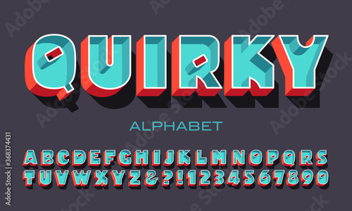 An Unusual Bold Sans Serif Font with 3d Effects and Contrasting Hues.