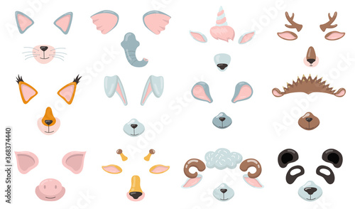 Various animal phone masks flat icon set. Cartoon cat, fox, pig, elephant, bunny, mouse ears, nose and eyes isolated vector illustration collection. Avatar design and smartphone application concept