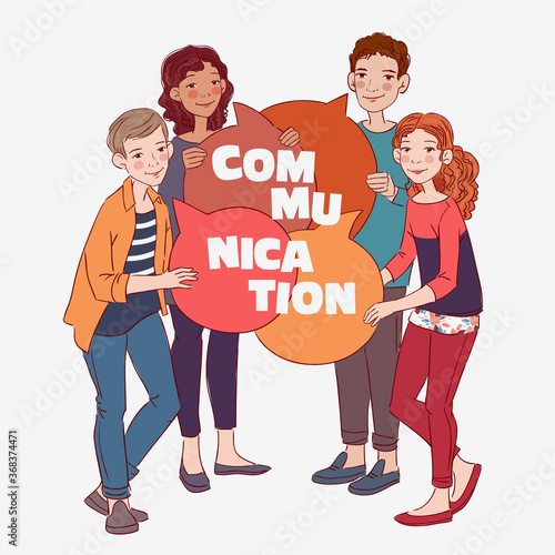 Group of young people with colorful dialog speech bubbles. Communication, teamwork and connection vector concept
