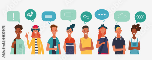 Group of young people with colorful dialog speech bubbles. Communication, teamwork and connection vector concept
