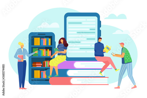 Digital library concept, internet education and study, e-books technology vector flat illustration. Electronic books with micro people and literature, digital library in tablet, studying ebook media.