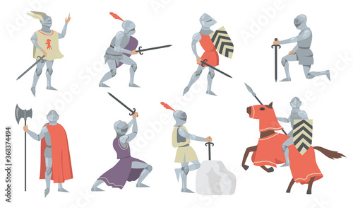Various medieval knights flat icon set. Chivalry princes, soldiers and fighters in metal armor with shields and swords isolated vector illustration collection. History and battle concept