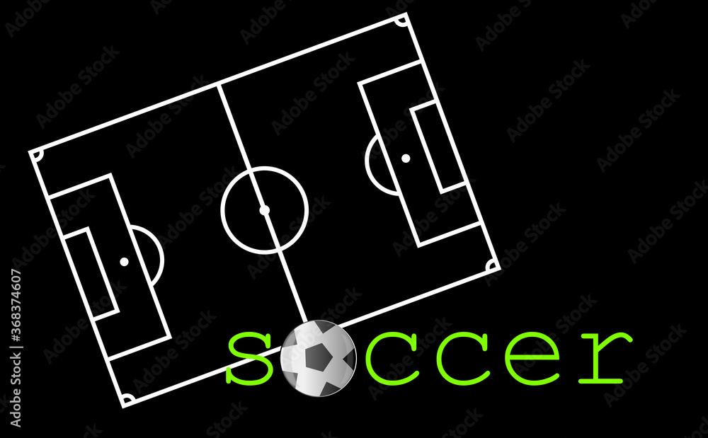 Soccer in text. Playing field. A football ball. Digital drawing relating to the game, betting and competition. White lines that delimit the areas, zones and regulations of this sport. Soccer in text. Playing field. A football ball. Digital drawing relating to the game, betting and competition. White lines that delimit the areas, zones and regulations of this sport.