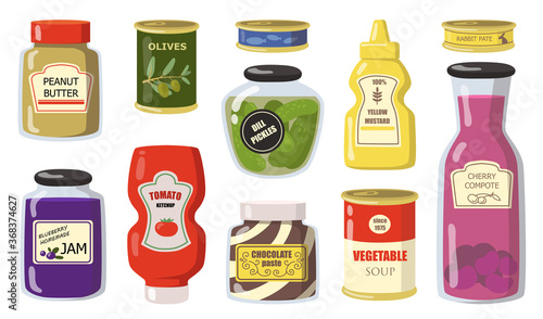 Various canned goods from supermarket flat icon set. Peanut butter, olives, dill pickles, mustard, tomato ketchup, jam, compote isolated vector illustration collection. Home pantry and product concept