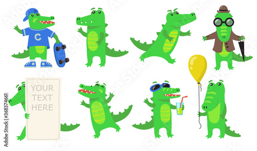 Various green crocodile characters flat icon set. Cartoon funny alligator or wild amphibian reptile in different poses isolated vector illustration collection. Animals and mascot concept