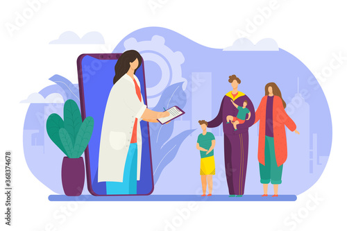 Family doctor consultation in internet, phycisian therapist consult patients, health care technology flat vector illustration. Medicine concept, diagnosis and medics healthcare, family doctor online.