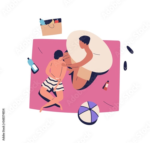 Relaxing homosexual men sunbathing on beach picnic. Gay couple spreading sun protection lotion. People, friends, chill, sit on blanket. Cartoon flat vector illustration isolated on white background