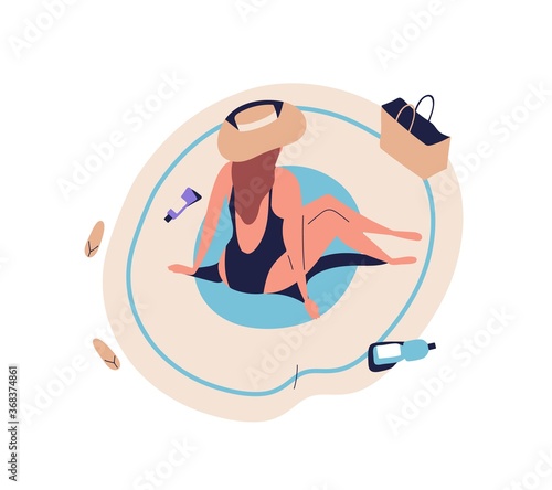 Cartoon single woman sunbathing, sitting on beach blanket in bikini, swimsuit...
