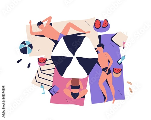 Cartoon people sunbathing on beach in bikini, beachwear. Friends rest near sea, relaxing, lying, suntan under parasol. Summer vacation, tourism. Flat vector illustration isolated on white background